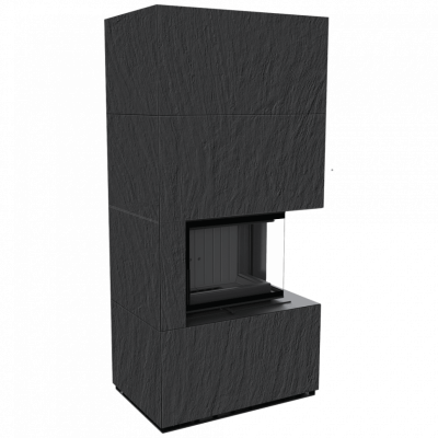 Каминокомплект FLOKI в облицовке NATURALI ARDESIA NERO A SPACCO, угловое стекло справа Каминокомплект FLOKI в облицовке NATURALI ARDESIA NERO A SPACCO, угловое стекло справа