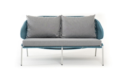 Диван 4SIS Милан 2-местный плетеный, каркас светло-серый муар, роуп бирюзовый, ткань светло-серая