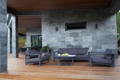 Диван 4SIS Гранада трехместный. каркас алюминий темно-серый (RAL7024) муар, роуп темно-серый круглый, ткань темно-серая 027