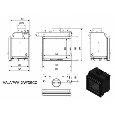Каминная топка Kratki Maja PW 12 W DECO (змеевик)