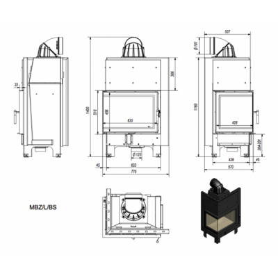 Каминная топка Kratki MBZ P BS (угловое стекло справа)