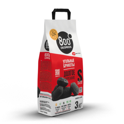 Уголь брикетированный 800 Degrees Долгое Горение, мешок 3 кг