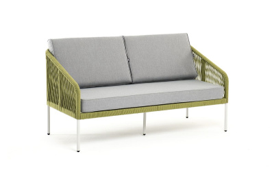 Диван 4SIS Канны 2-местный из роупа; каркас алюминий светло-серый (RAL7035) муар, роуп салатовый меланж круглый, ткань светло-серая