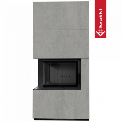 Каминокомплект FLOKI в облицовке CEMENTO GRIGIO BOCCIARDATA, угловое стекло слева Каминокомплект FLOKI в облицовке CEMENTO GRIGIO BOCCIARDATA, угловое стекло слева