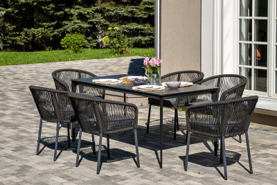 Обеденная группа 4SIS Малага 6-местная со стульями Марсель, каркас темно-серый, роуп темно-серый