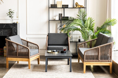 Лаунж-зона 4SIS Канны 4-местная из роупа со столиком Канны Цвет: серый гранит, дуб, коричневый