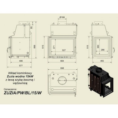 Каминная топка Kratki с водяным контуром Zuzia PW BL 15 W(стекло слева)